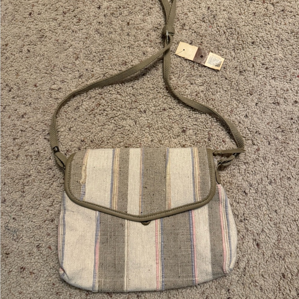 Vintage 80s Crossbody Foldover Cloth Beige Cream Purse Bag NWT NOS Striped